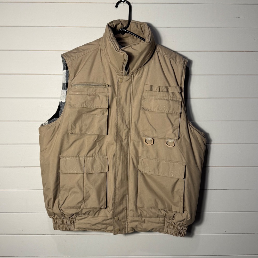 Maxxsel Mens Utility Vest‎ Tan Plaid Lined Cargo Multi-Pocket Fishing Hunting L
